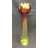 Art Nouveau Loetz style tall iridescent tulip glass vase orange green and brown colouring