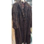 A shaded musquash fur coat, dark brown with a rolled collar with covered fur buttons,
