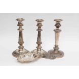 Early 20th century silver plated candle sticks along with another plated Victorian pin dish and