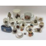 Crested china, miniature charcater jugs, George V coronation ware small box,