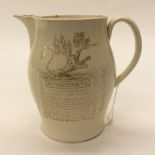 A creamware jug printed with faded 'Napoleon Bonaparte' and French details (chip to the spout).