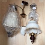 Two wall lamps brass/wood and glass and a ceiling lamp,