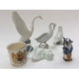 Nao figures, a large goose and three other geese figures,