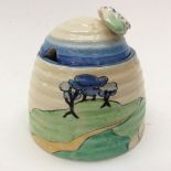 Calrice Cliff for Newport Pottery, a small Blue Autmn beehive honey pot, Fantasque Bizarre marks,