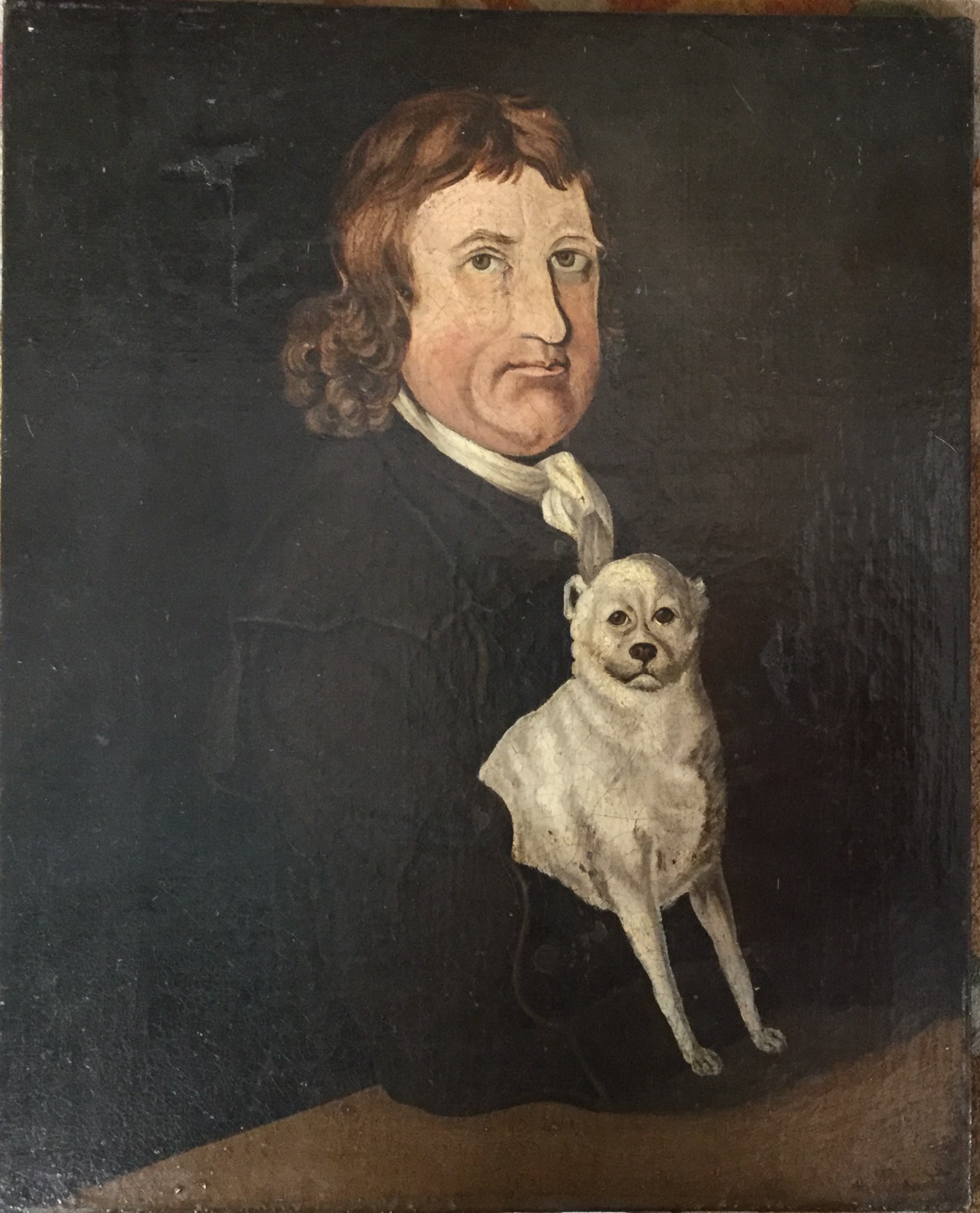 English provincial school, 19th century, naive portrait of a gentleman with his dog,