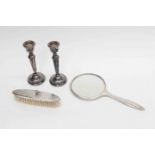 A pair of silver 20th Century candlesticks with early 20th Century dressing table mirror and brush