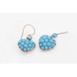 A pair of heart shape earrings, set with turquoise cabochons, yellow metal,