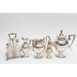 A collection of silver plated items to include cruet set, teapot, sugar sift, milk jug, sugar bowl,