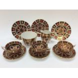 Royal Crown Derby Imari, 1128 pattern, three tea cups, saucers, side plates,