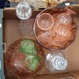 Cur glass drinking suite, bowl etc, pressed green and pink glass,