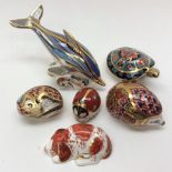 Royal Crown Derby paperweights, 'Orchard Hedgehog',, 'Terrapin', 'Stripped Dolphin', 'Ladybird',