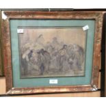 A framed and glazed sketch, partially painted, D Onseny?, indistinct signature,