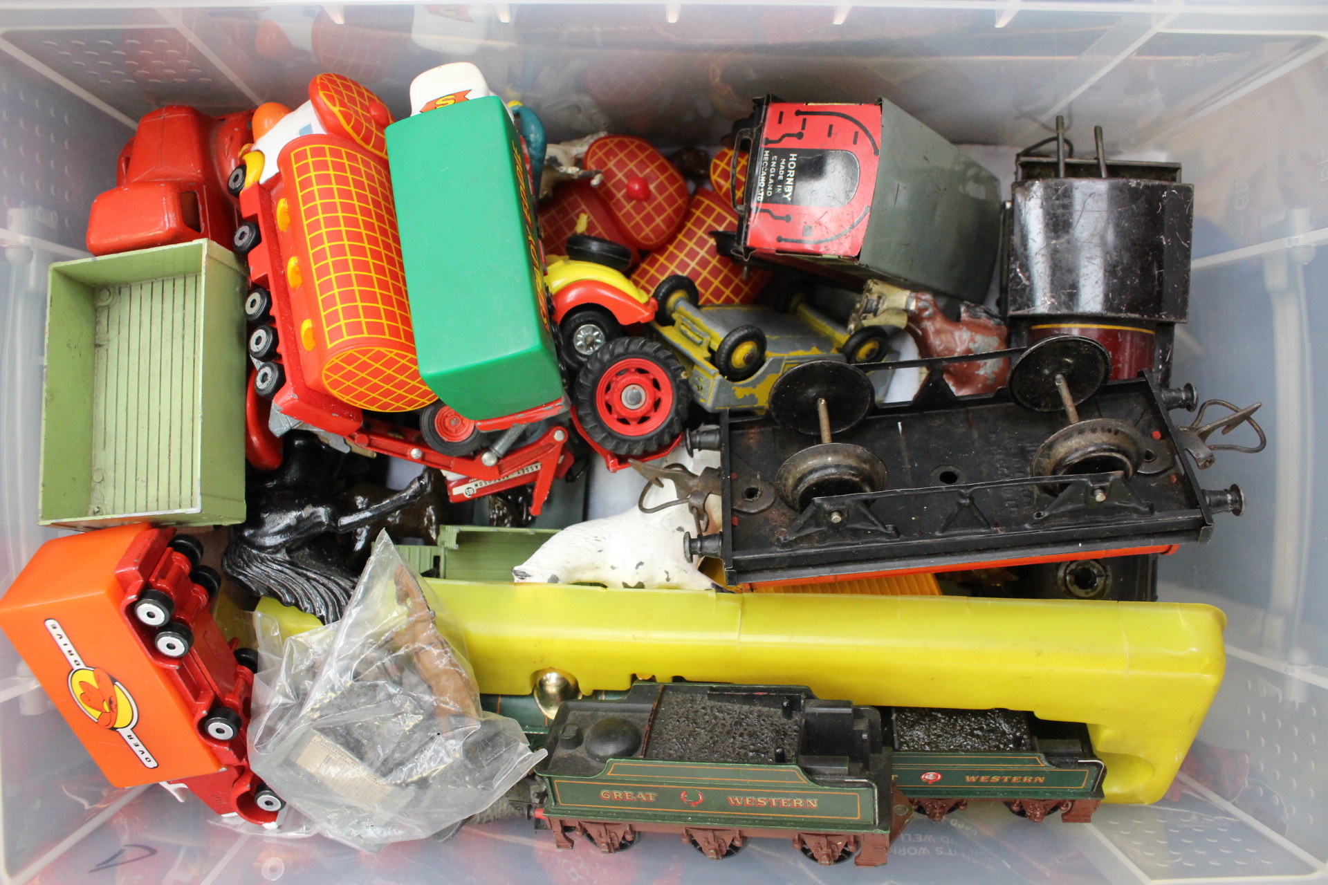 One box of vintage toys to include Hornby O gauge, modern Corgi etc.