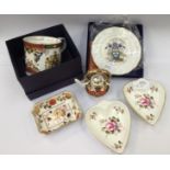 Five items of Royal Crown Derby to include heart shaped dishes together with Royal Worcester