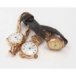 Three 9ct gold vintage wristwatches, one on a 9ct expanding bracelet,