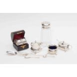 A silver collection of smalls, sugar sifter, napkin rings, salts,