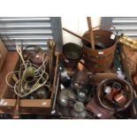 Three boxes of copper and brass wares, including pewter,