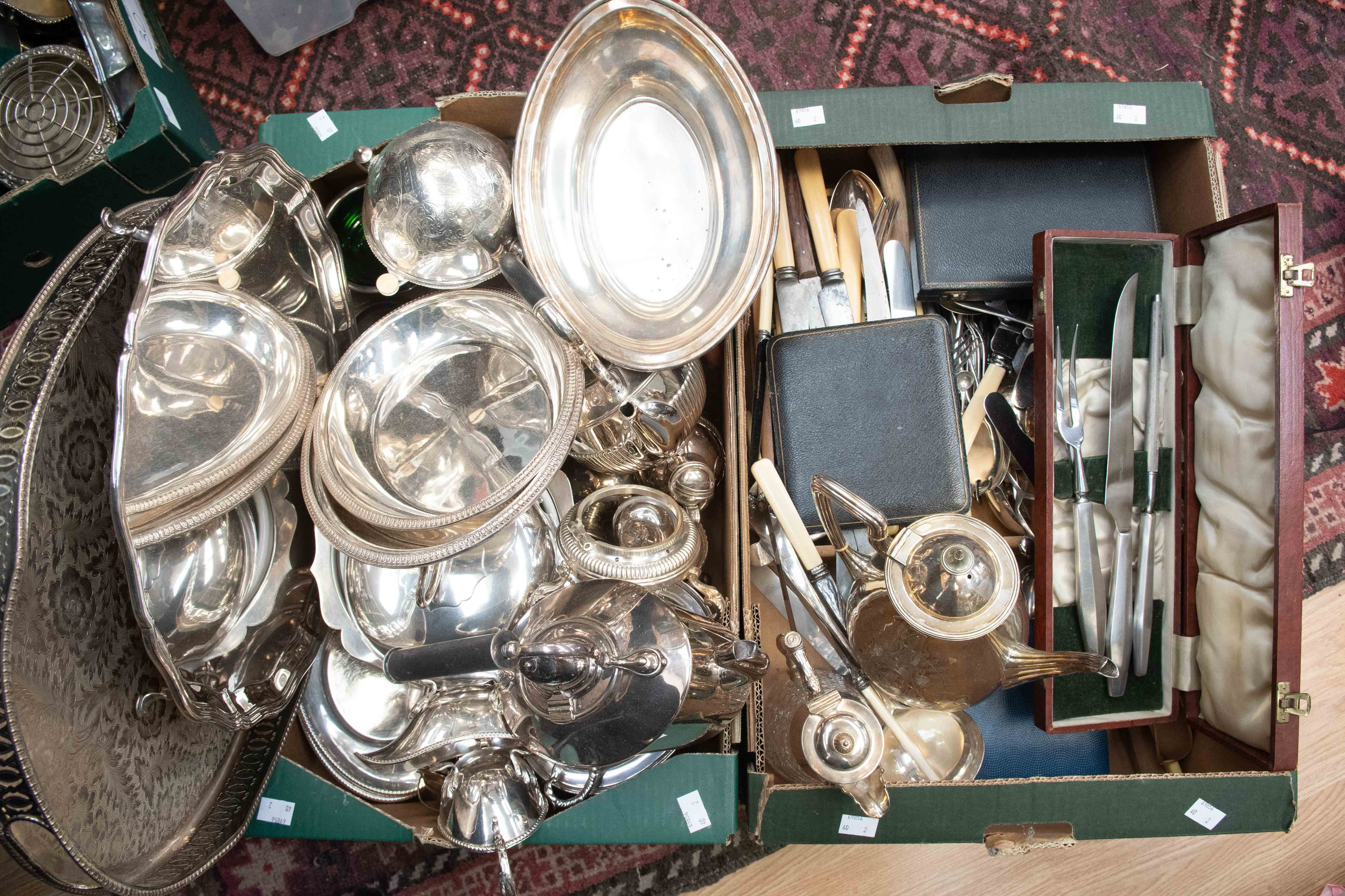 Two boxes of 20th century plated ware to include trays, tea and coffee items, flatware,