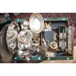 Two boxes of 20th century plated ware to include trays, tea and coffee items, flatware,