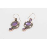 A pair of amethyst, green garnet and seed pearl pendant earrings, one stamped 9ct, 5.