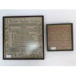 Two samplers, one from 1839, the other 1877. Both framed.