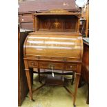 An Edwardian rosewood and marquetry inlaid ladies cylinder bureau, the back with inlaid vase splat,