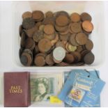 A collection of loose coins, various, bank notes, one pounds,