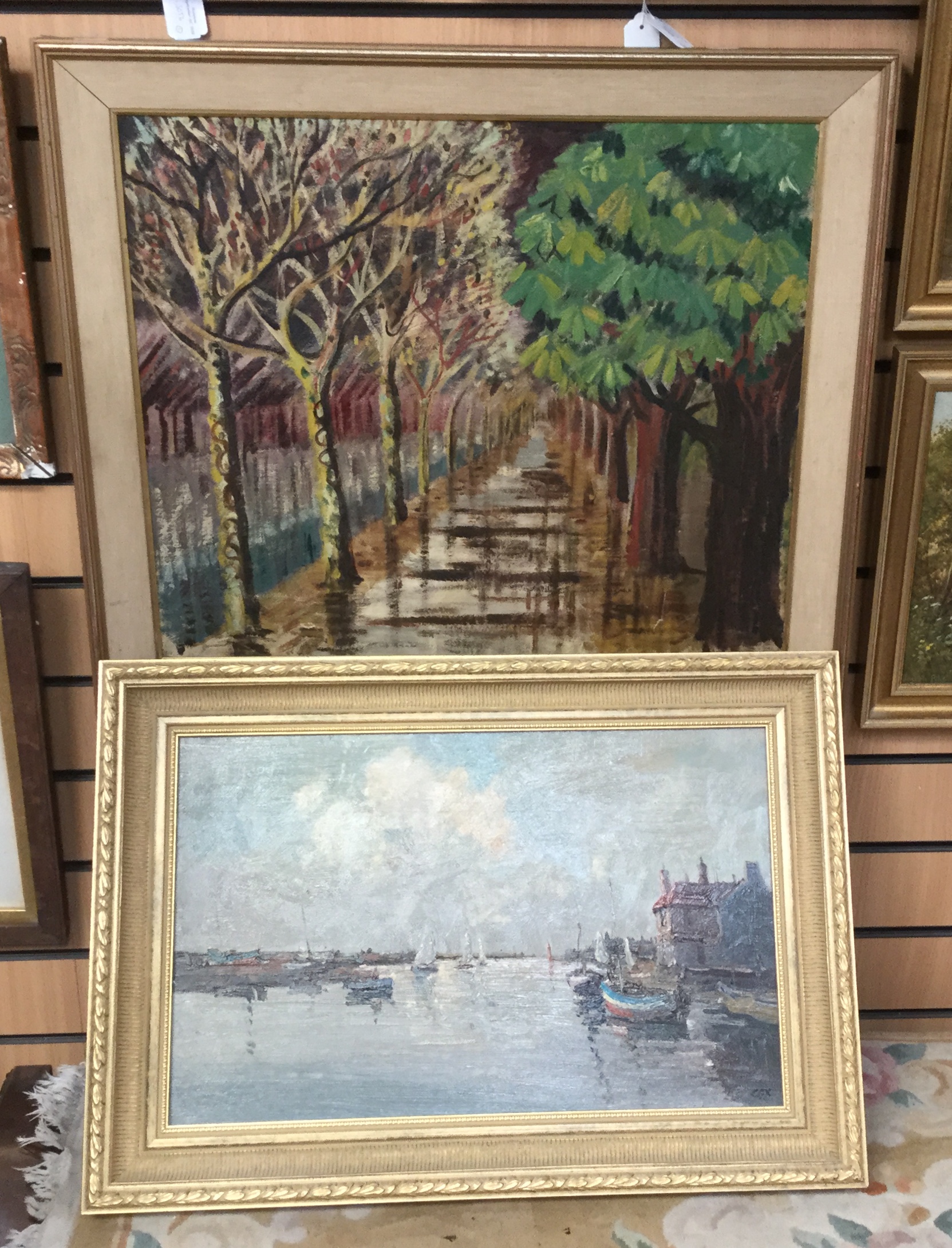 A 1970s oil on board Paris in rain by ME Bryant and an oil on board marine scene by Cox