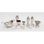 Six spoons, Chester 1913, three piece cruet set, sauce boat and stirrup shaped sugar tongs etc,