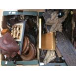 A collection of assorted treen and similar, to include antique oak caryatids, carved panels,