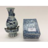 A provincial blue and white vase with a blue and white box with inscription to interior,