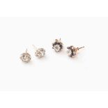 A pair of diamond and sapphire ear studs and a pair of aquamarine ear studs (4)