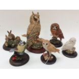 Six Country Artists figures of Owls rabbits and blue tit