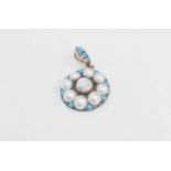 A moonstone, half cultured pearl and turquoise circular pendant, set in silver and yellow metal,