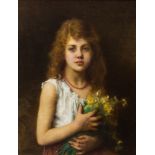 Alexis Harlamoff (Russian, 1842-1924), portrait of a girl holding a bunch of yellow flowers,