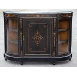 A Victorian Aesthetic credenza, bowed glass doors to ends, 106cm high, 150cm wide,