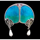A modern Liberty & Co silver and enamel brooch, with fresh water cultured pearl drops,