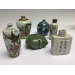 A series of six Chinese antique snuff bottles and other miniature vessels,