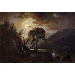 Franz Hoepfner (German/British, 1853-1893), a lake landscape by moonlight, signed l.r.