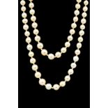 A two-row cultured pearl necklace with Art Deco diamond and sapphire set 18ct white gold clasp,