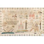A George III textile sampler incorporating stumpwork, coloured silk threads on linen, acorn border,