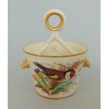 A Royal Worcester rope handle bucket, painted with birds by J.Hopewell, circa 1878, 9.3cm high, 6.