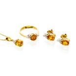 A suite of Imperial Topaz and diamond set 18ct gold jewellery, comprising a ring,