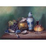 Raymond Campbell (British, 1956), still life of a Chinese vase, a brass pot, a wine glass, a dish,