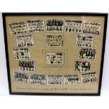 A framed set of 1930s photographic cigarette cards depicting cricket deams (with Derbyshire at