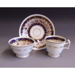 A Newhall trio, tea cup, coffee cup and saucer, London shape,