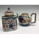 A Chinese imari teapot of unusual form, together with an imari tea caddy, both Qing Dynasty,