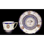 A Derby coffee cup and saucer: `crown over D' (in blue) mark, 1777-1780, `Sunflower' moulding,