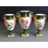 A garniture of Derby Empire style twin handled vases,