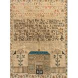 A George IV textile sampler, worked in coloured threads on coarse linen, strawberry border,